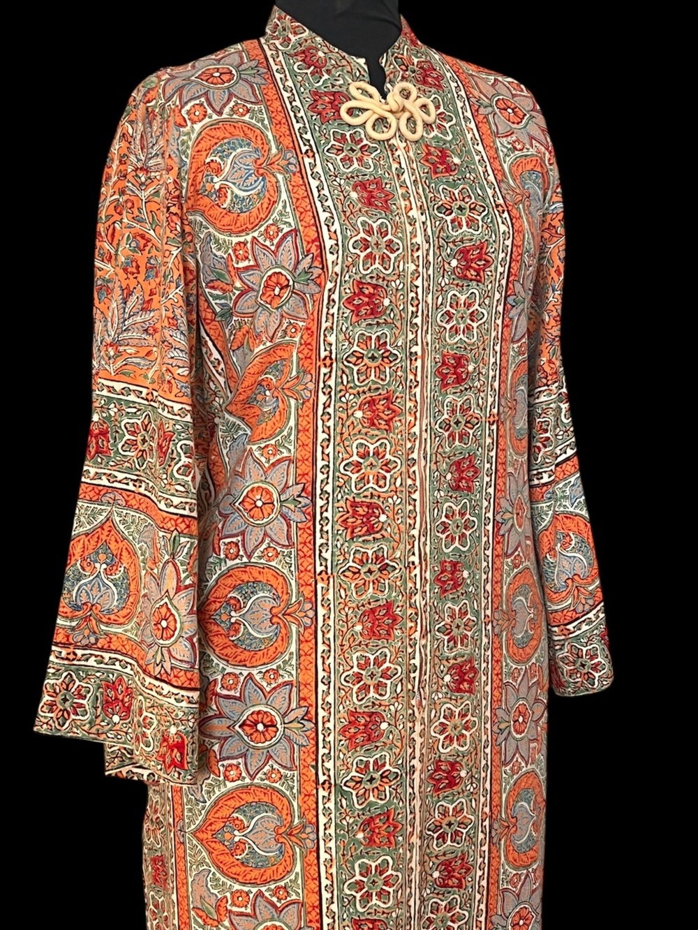 Vintage Maxi Caftan Robe Cotton Paisley Block Print 1970s Boho Hippie Kaftan
